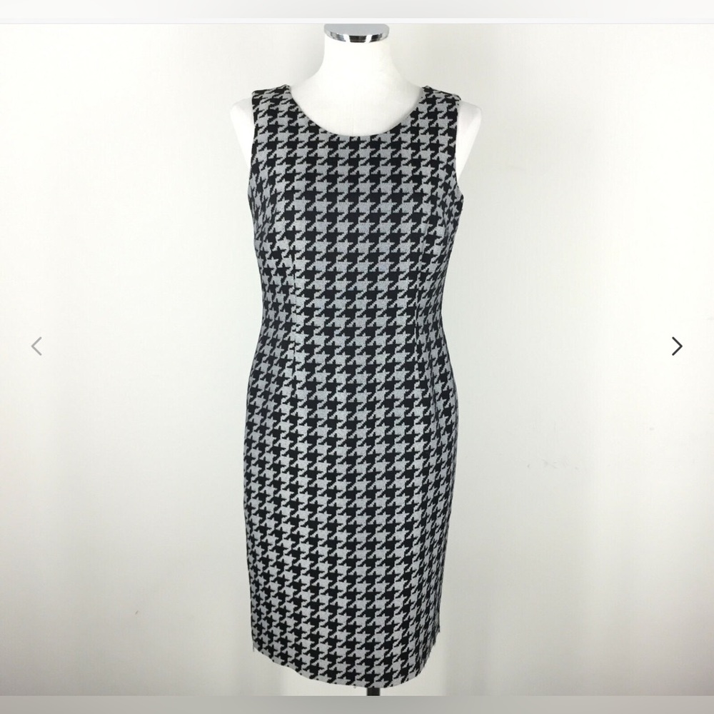 Kasper Sz 16 Black Houndstooth Sheath dress Sleeveless Career Suiting